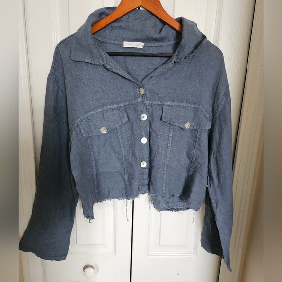 Made in Italy 100% Raw Linen Cropped Button Shirt Blue Lightweight Boho Top S/M. - Picture 3 of 10